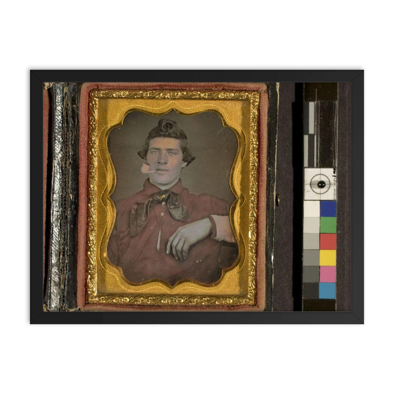 Hand-Colored Daguerreotype Portrait of an Unidentified Man Smoking a Clay Pipe, c. 1850 framed print on a plain backdrop in size 18