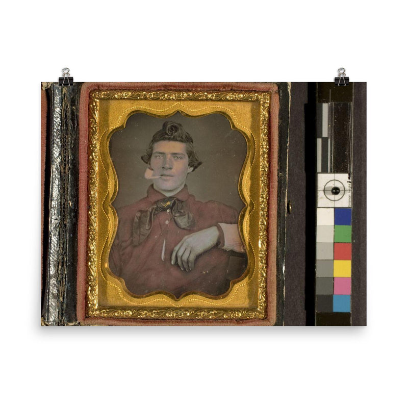 Hand-Colored Daguerreotype Portrait of an Unidentified Man Smoking a Clay Pipe, c. 1850 poster on a plain backdrop in size 8