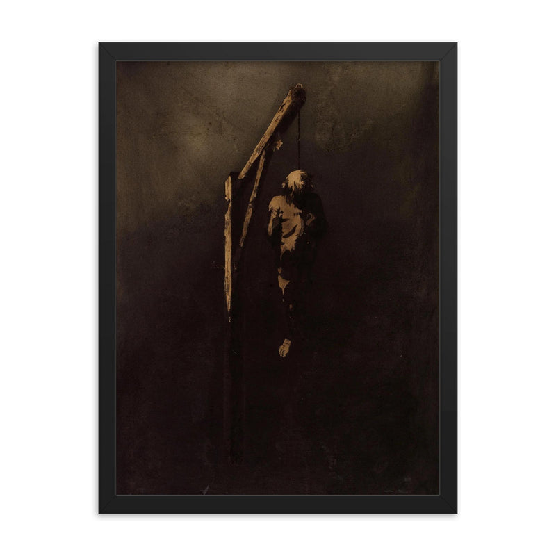 Hanged Man by Victor Hugo framed print on a plain backdrop in size 18