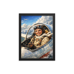 Hanna Reitsch in glider cockpit framed print on a plain backdrop in size 12"x16".
