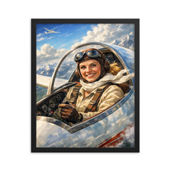 Hanna Reitsch in glider cockpit framed print on a plain backdrop in size 16"x20".