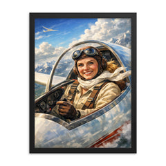 Hanna Reitsch in glider cockpit framed print on a plain backdrop in size 18"x24".