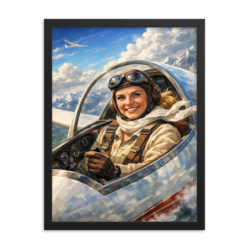 Hanna Reitsch in glider cockpit framed print on a plain backdrop in size 18