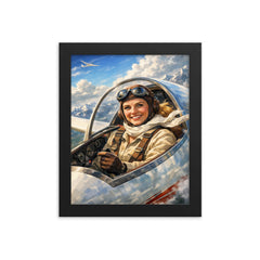 Hanna Reitsch in glider cockpit framed print on a plain backdrop in size 8"x10".