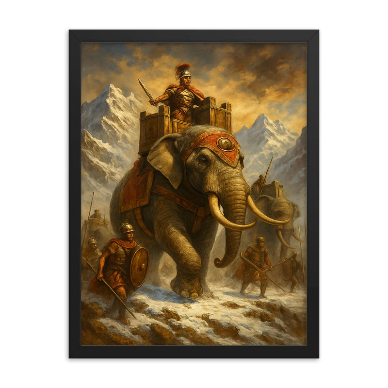 Hannibal Barca alpine war elephants framed print on a plain backdrop in size 18