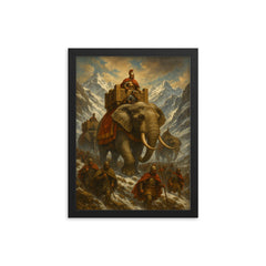 Hannibal crossing Alps with war elephants framed print on a plain backdrop in size 12"x16".