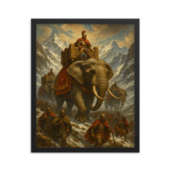 Hannibal crossing Alps with war elephants framed print on a plain backdrop in size 16"x20".