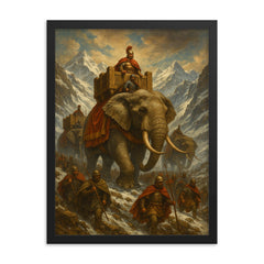 Hannibal crossing Alps with war elephants framed print on a plain backdrop in size 18"x24".
