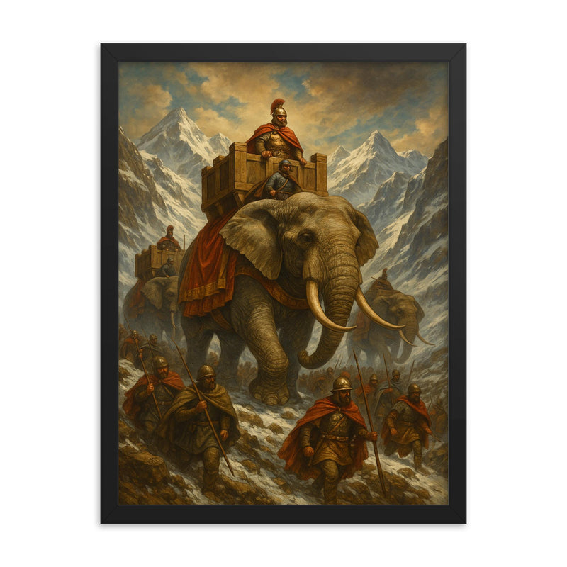 Hannibal crossing Alps with war elephants framed print on a plain backdrop in size 18