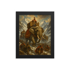 Hannibal crossing Alps with war elephants framed print on a plain backdrop in size 8"x10".