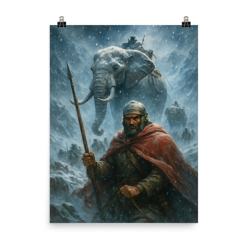 Hannibal crossing Alps with war elephants in blizzard poster on a plain backdrop in size 8