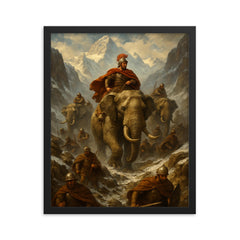 Hannibal crossing the Alps with elephants framed print on a plain backdrop in size 16"x20".