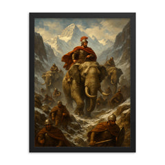 Hannibal crossing the Alps with elephants framed print on a plain backdrop in size 18"x24".