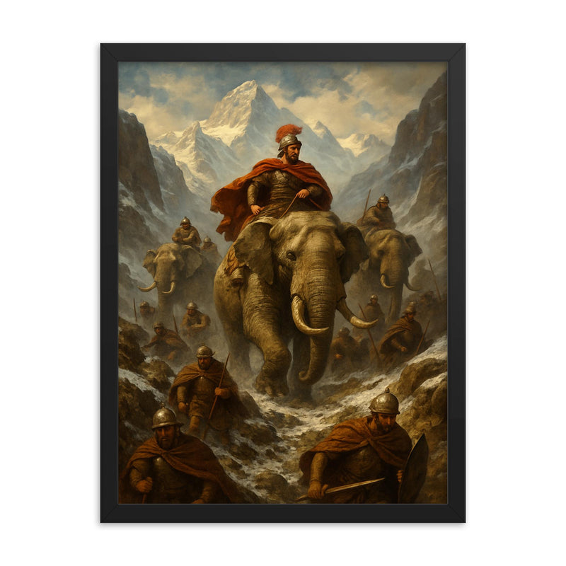 Hannibal crossing the Alps with elephants framed print on a plain backdrop in size 18
