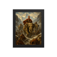 Hannibal crossing the Alps with elephants framed print on a plain backdrop in size 8"x10".