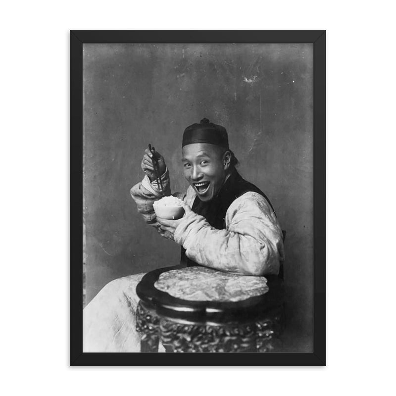Happiest Man in China framed print on a plain backdrop in size 18