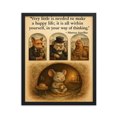 happy mouse simple life quote marcus aurelius framed print on a plain backdrop in size 16"x20".