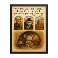 happy mouse simple life quote marcus aurelius framed print on a plain backdrop in size 18"x24".