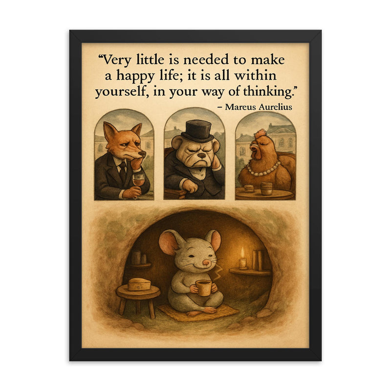happy mouse simple life quote marcus aurelius framed print on a plain backdrop in size 18