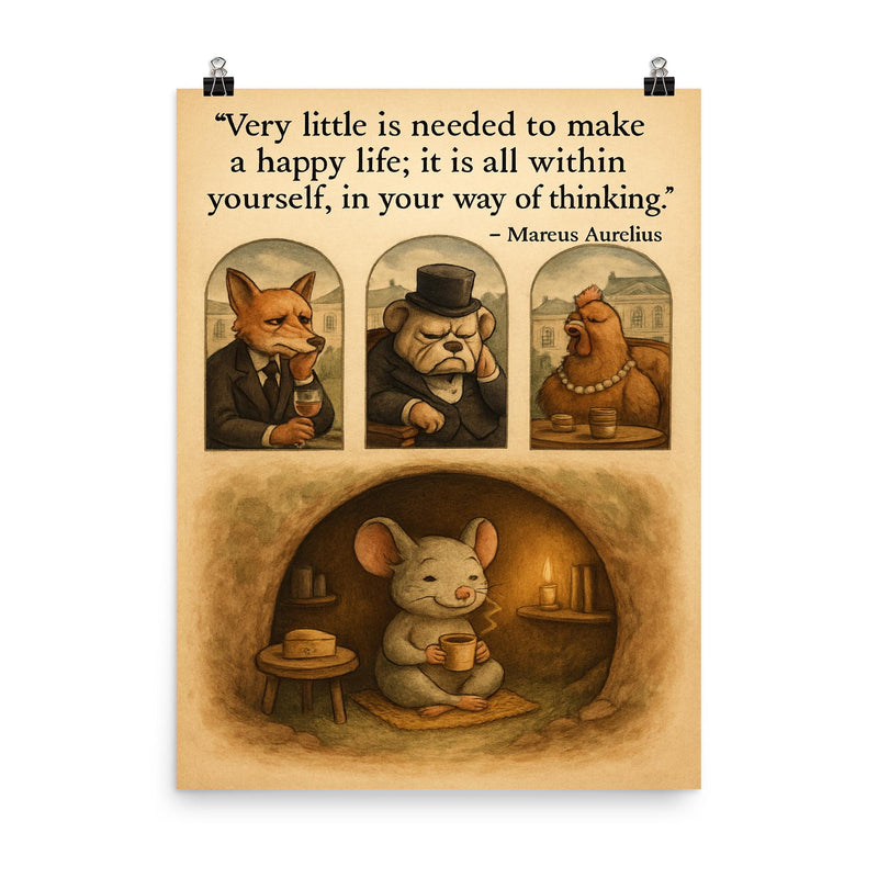 happy mouse simple life quote marcus aurelius poster on a plain backdrop in size 8