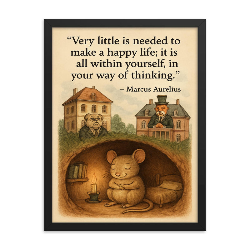 happy mouse simple life quote marcus aurelius very little needed framed print on a plain backdrop in size 18