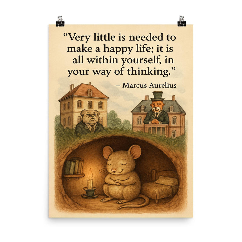 happy mouse simple life quote marcus aurelius very little needed poster on a plain backdrop in size 8