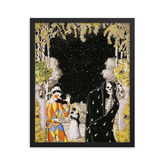 Harlequin and Death by Konstantin Somov, 1907 framed print on a plain backdrop in size 16"x20".