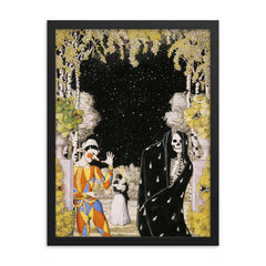 Harlequin and Death by Konstantin Somov, 1907 framed print on a plain backdrop in size 18"x24".