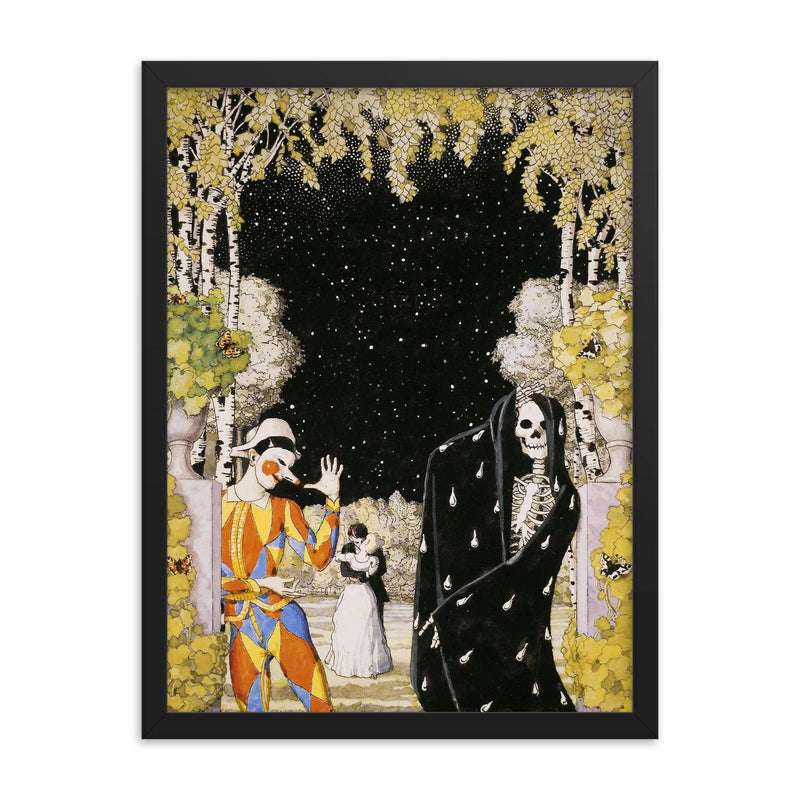 Harlequin and Death by Konstantin Somov, 1907 framed print on a plain backdrop in size 18
