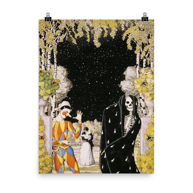 Harlequin and Death by Konstantin Somov, 1907 poster on a plain backdrop in size 8