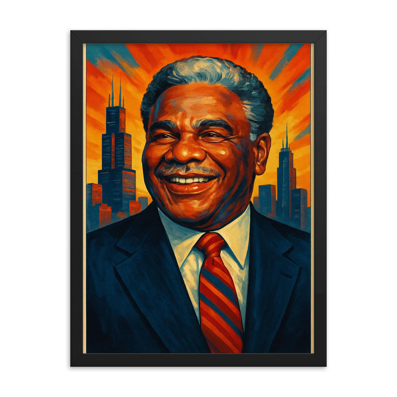 Harold Washington framed print on a plain backdrop in size 18