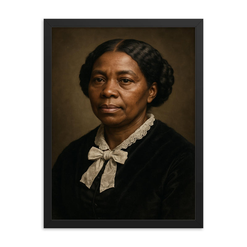 Harriet Jacobs portrait framed print on a plain backdrop in size 18