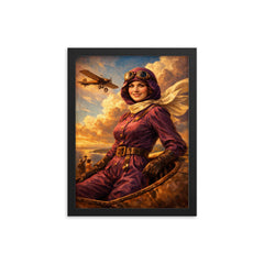 Harriet Quimby in plum aviation suit framed print on a plain backdrop in size 12"x16".