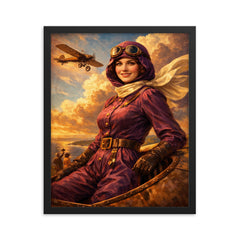 Harriet Quimby in plum aviation suit framed print on a plain backdrop in size 16"x20".