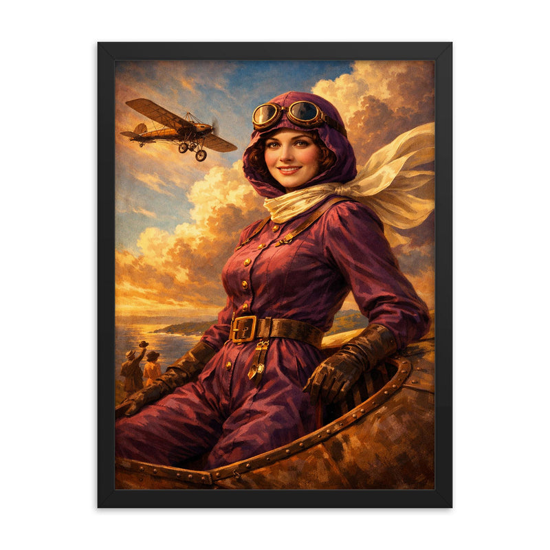 Harriet Quimby in plum aviation suit framed print on a plain backdrop in size 18