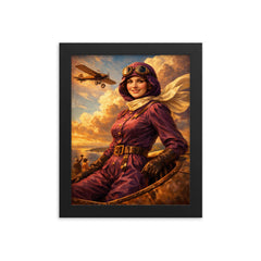 Harriet Quimby in plum aviation suit framed print on a plain backdrop in size 8"x10".