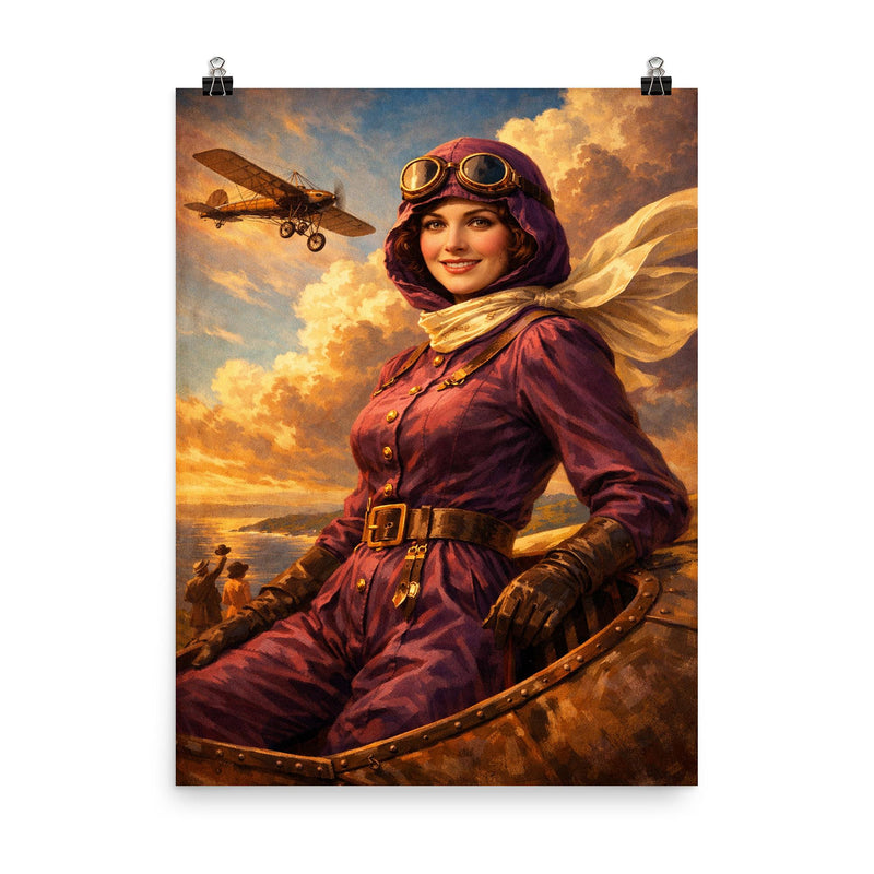 Harriet Quimby in plum aviation suit poster on a plain backdrop in size 8