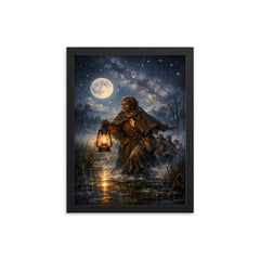 Harriet Tubman guiding fugitives through starlit marsh framed print on a plain backdrop in size 12"x16".