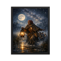 Harriet Tubman guiding fugitives through starlit marsh framed print on a plain backdrop in size 16"x20".