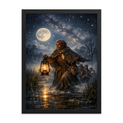 Harriet Tubman guiding fugitives through starlit marsh framed print on a plain backdrop in size 18"x24".