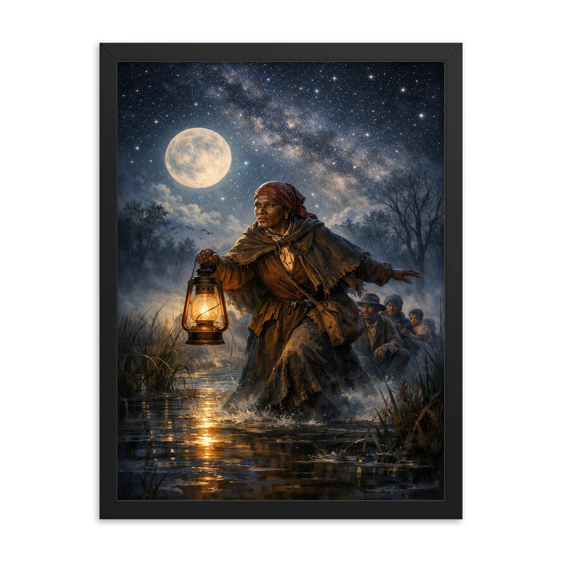 Harriet Tubman guiding fugitives through starlit marsh framed print on a plain backdrop in size 18