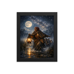 Harriet Tubman guiding fugitives through starlit marsh framed print on a plain backdrop in size 8"x10".