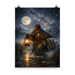 Harriet Tubman guiding fugitives through starlit marsh poster on a plain backdrop in size 8"x10".