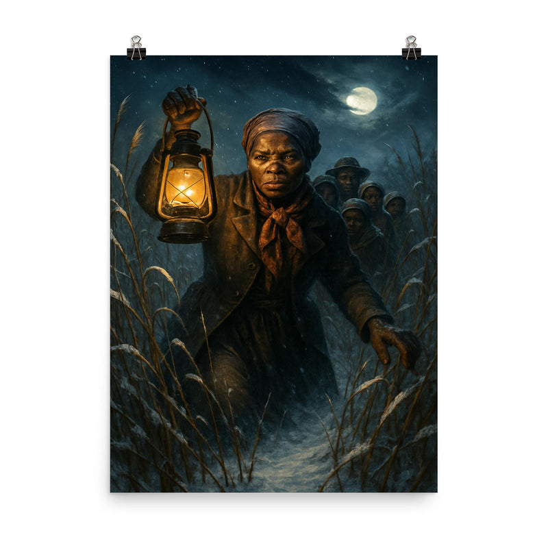 Harriet Tubman guiding fugitives through winter reeds poster on a plain backdrop in size 8