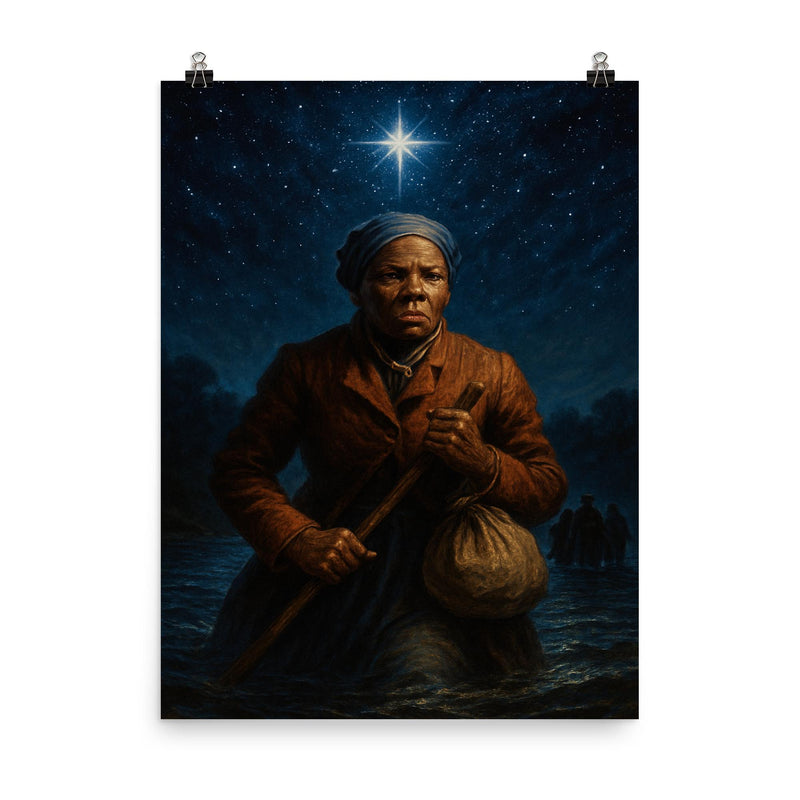 Harriet Tubman midnight crossing under North Star poster on a plain backdrop in size 8