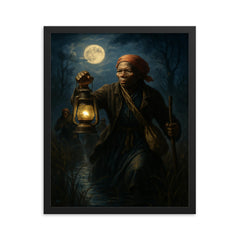 Harriet Tubman moonlit rescue through marshland framed print on a plain backdrop in size 16"x20".