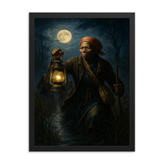 Harriet Tubman moonlit rescue through marshland framed print on a plain backdrop in size 18"x24".