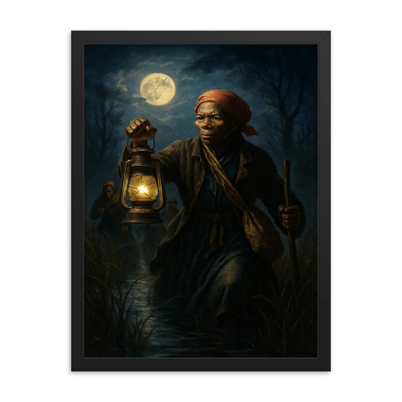 Harriet Tubman moonlit rescue through marshland framed print on a plain backdrop in size 18