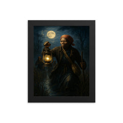 Harriet Tubman moonlit rescue through marshland framed print on a plain backdrop in size 8"x10".
