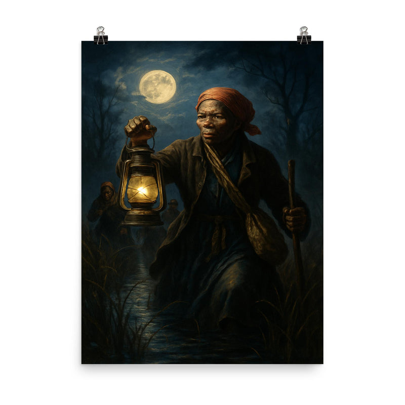 Harriet Tubman moonlit rescue through marshland poster on a plain backdrop in size 8